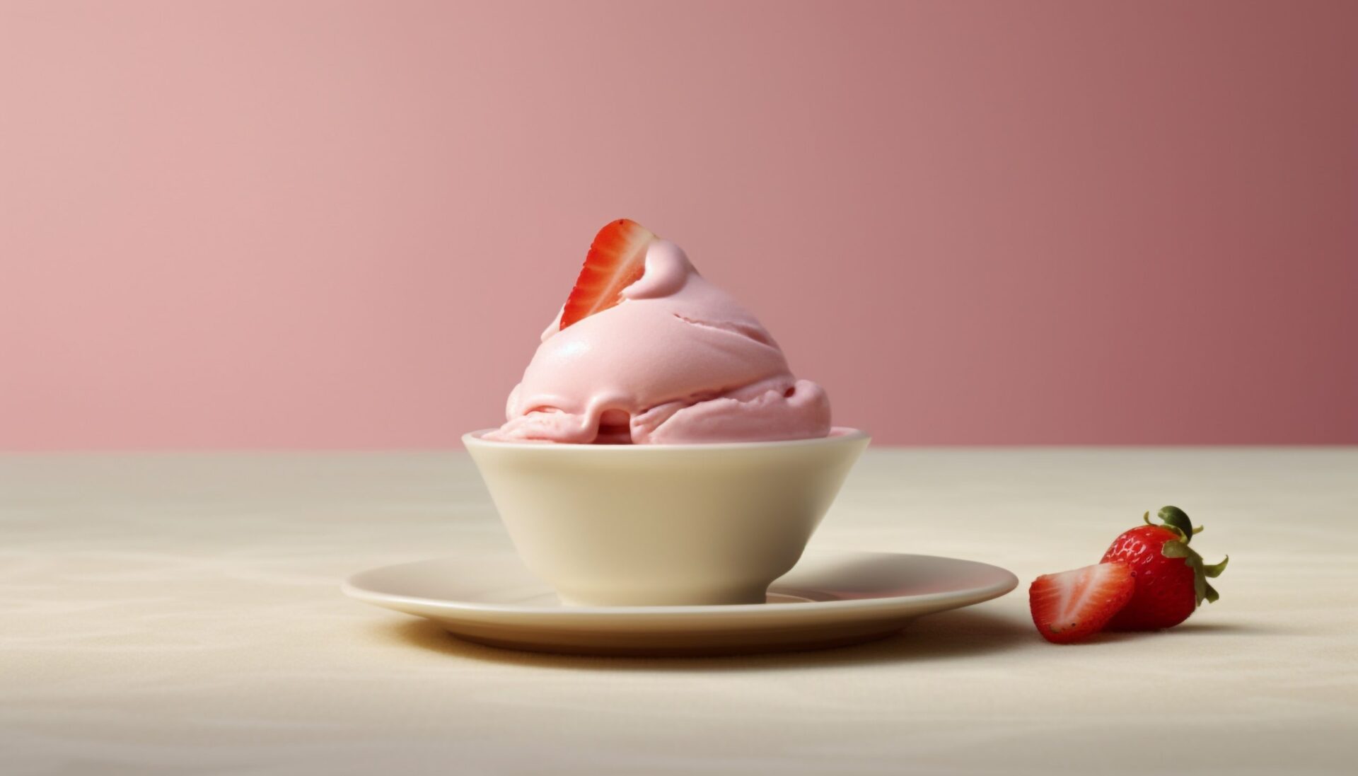 Helado artesanal de fresa sobre mesa rosa